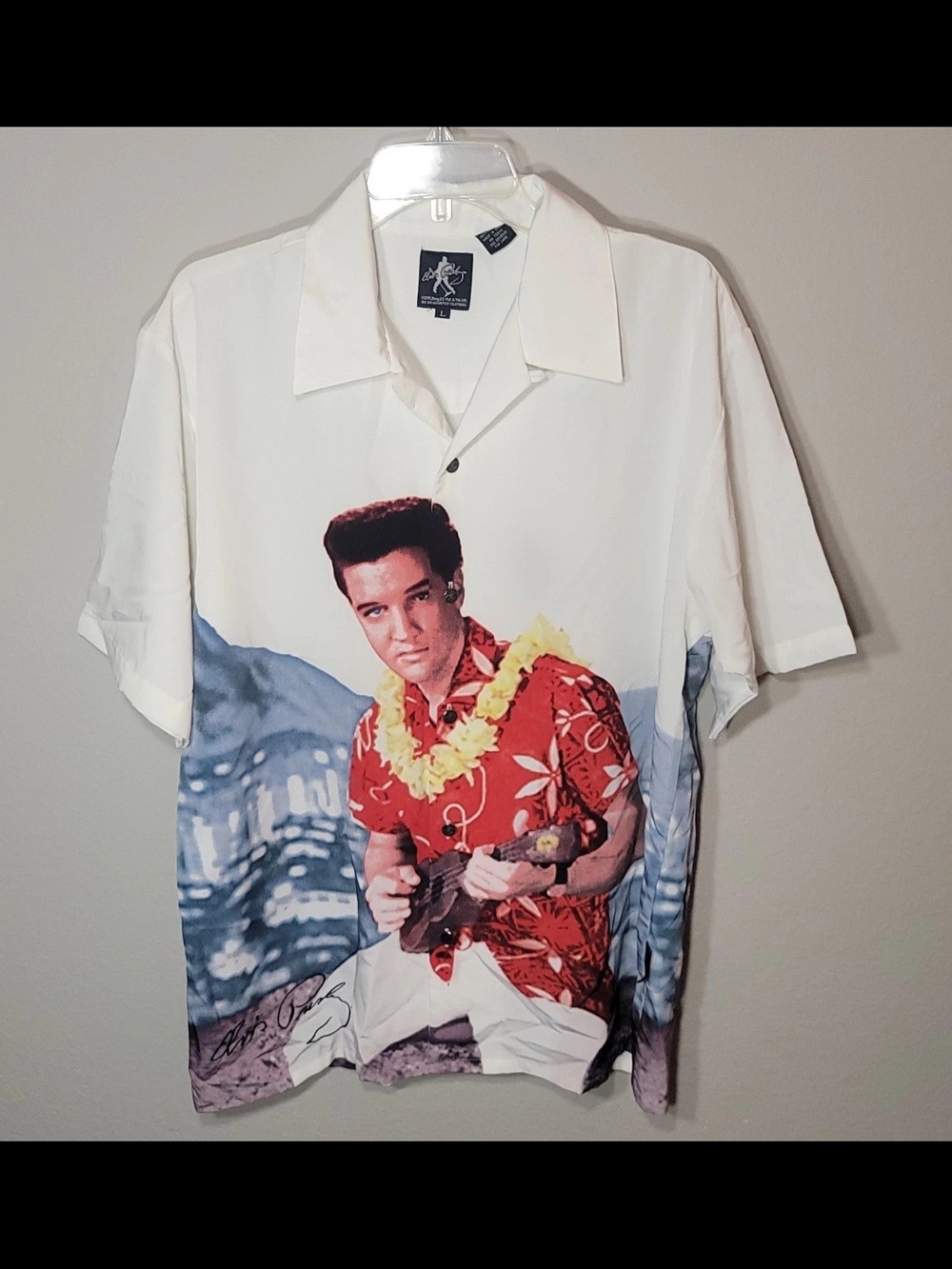 Elvis Presley Dragonfly Shirt Men's Large All Over Print White Ukulele USA